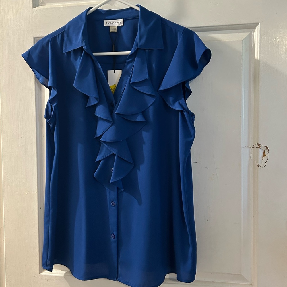 Calvin Klein Cobalt Blue Sleeveless Ruffle Blouse